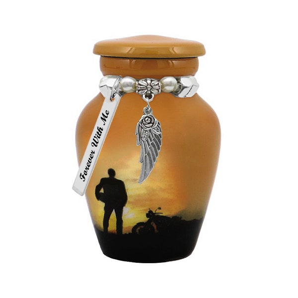 Motorcycle Rider Mini Urn - Love Charms® Option - Small Cremation Urn