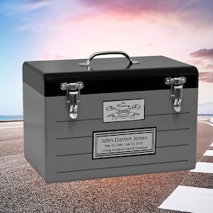 Toolbox Cremation Urn: Gray Wood, Crossed Tools, Free Engraved Name Plate