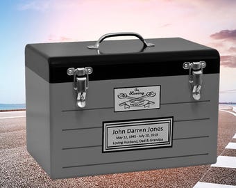 Toolbox Cremation Urn: Gray Wood, Crossed Tools, Free Engraved Name Plate