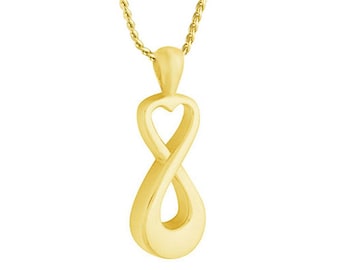 May include: Gold infinity symbol pendant necklace with a heart cutout. The pendant is on a gold chain.