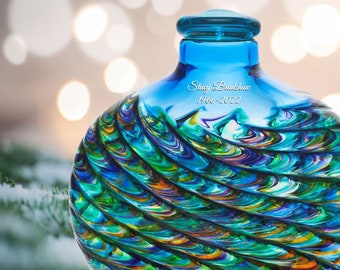 Aqua Ocean Mosaic Glass Adult or Medium Urn Laser Engraved Option Handcrafted in the USA Unique Memorial Tribute Fast Shipping