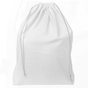 May include: A white drawstring bag made of cotton fabric. The bag is empty and has a simple design.