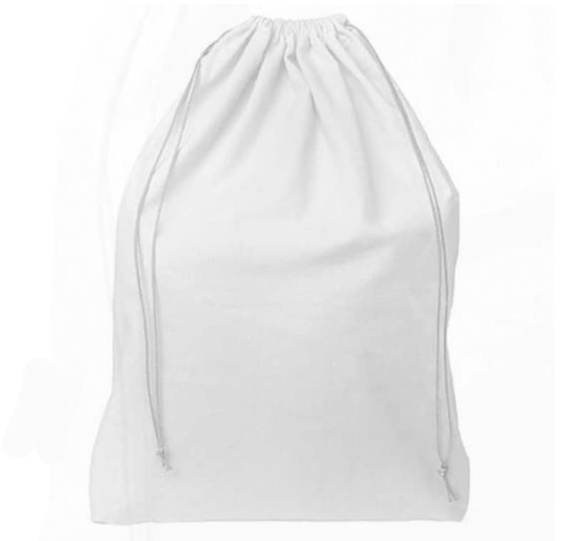 May include: A white drawstring bag made of cotton fabric. The bag is empty and has a simple design.