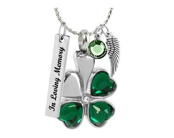 Shamrock Crystal Heart Urn Necklace: Personalized Ash Keepsake, Birthstone & Chain