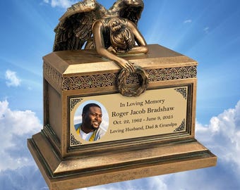 Angel of Grief® Photo Winged Adult Urn - Gold Plate Engraving - Museum-Quality - Beautiful Mourning Angel - Adult Sized
