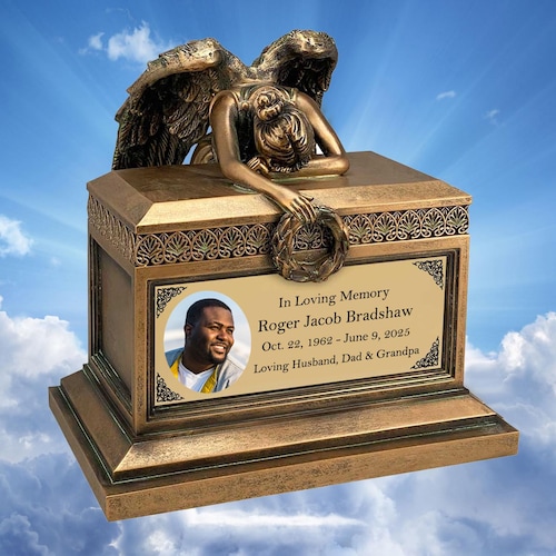Angel of Grief Adult Resin Cremation Urn with Engraved Gold Plate