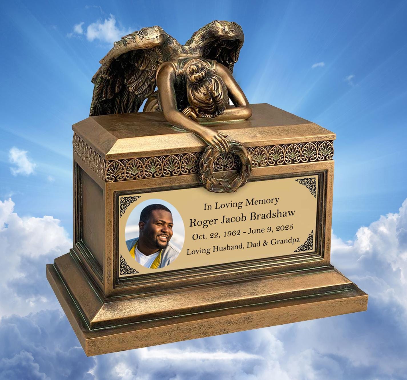 Angel of Grief® Photo Winged Adult Urn - Gold Plate Engraving - Museum-Quality - Beautiful Mourning Angel - Adult Sized