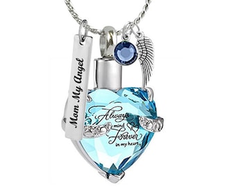 Blue Always & Forever Heart Stainless Ash Urn - Love Charms™ Option - Free Birthstone, Chain, Gift Box and Fill Kit - Fast Shipping