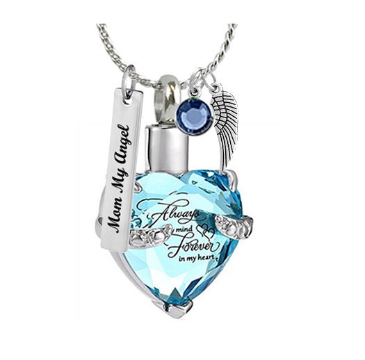 Blue Always & Forever Heart Stainless Ash Urn - Love Charms® Option - Free Birthstone, Chain, Gift Box and Fill Kit - Fast Shipping