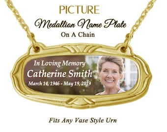 Photo Gold Medallion Urn Name Plate - Hanging Name Plate With Photo Birth & Passing Stone Option