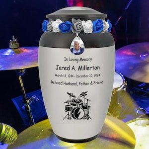 Drum Set Blue Crystal Cremation Urn - Adult Drummer Tribute Wreath Option™ - Personalized Engraving - Lifetime Warranty - Ready to Ship