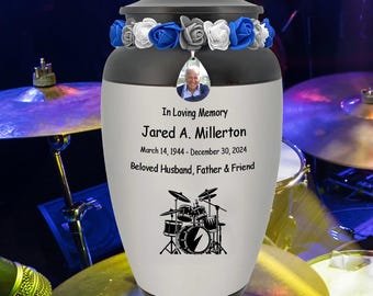 Drum Set Blue Crystal Cremation Urn - Adult Drummer Tribute Wreath Option™ - Personalized Engraving - Lifetime Warranty - Ready to Ship