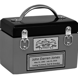 Toolbox Gray Keepsake Urn -FREE ENGRAVING -  Handcrafted in USA with Personalization - Secure Bottom-Loading Wood Closure