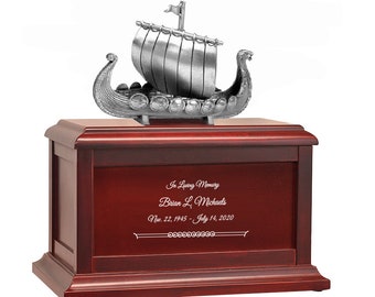 Viking Ship Adult Wood Cremation Urn - Free Professional Engraving