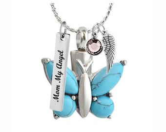 May include: Silver butterfly cremation necklace with a small pink crystal, a silver angel wing charm, and a silver tag that reads "Mom My Angel".