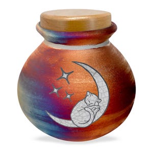 Raku-urn Slapende kat op de maan - handgemaakte huisdier-urn - gravure beschikbaar