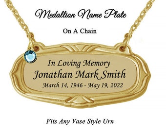 Gold Medallion Urn Hanging Name Plate - Engraved Plate For Urns - Birthstone Option