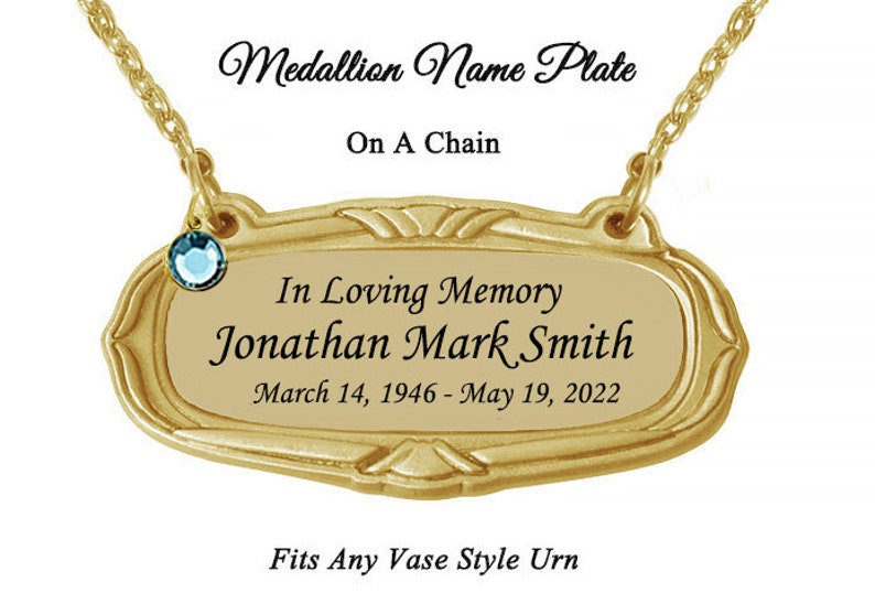 Gold Medallion Urn Hanging Name Plate - Engraved Plate For Urns - Birthstone Option
