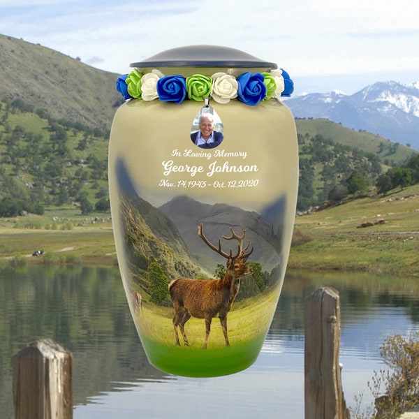 Mountainside Deer Cremation Urn - Tribute Wreath® and Photo Option - Custom Engraving - Adult Sized - Lifetime Warranty