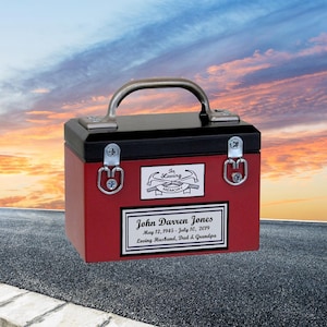 Red Toolbox Mini Keepsake Urn: Engraved Name Plate, Crossed Tools