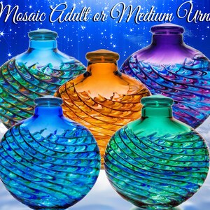 May include: Five glass mosaic urns in different colours, including blue, green, purple, and orange. The urns have a swirling pattern and are displayed against a blue sky background with white clouds.