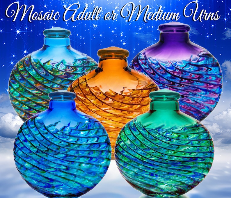 May include: Five glass mosaic urns in different colours, including blue, green, purple, and orange. The urns have a swirling pattern and are displayed against a blue sky background with white clouds.
