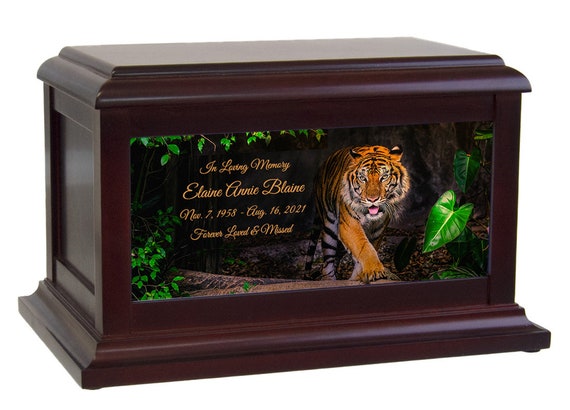 Tiger Memorial Urn, Customizable Photo & Engraving, Rosewood Finish