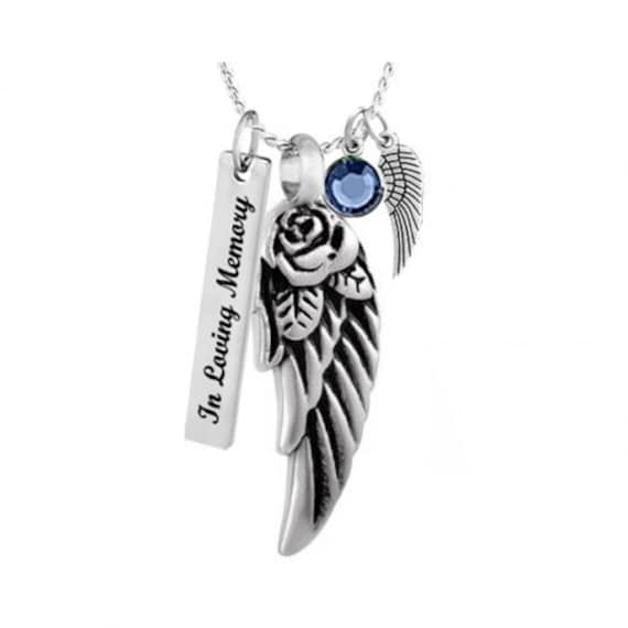 Angel Wing Cremation Necklace With Birthstone – Holds Ashes, Memorial Keepsake Pendant