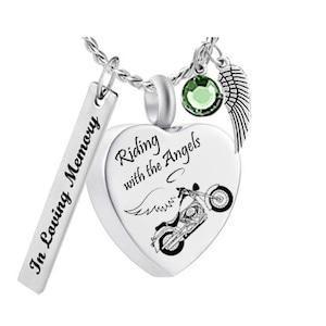 Riding With the Angels Motorcycle Jewelry Urn - Love Charms® Engraving Option - FREE Birthstone & Chain - Personalized Jewelry