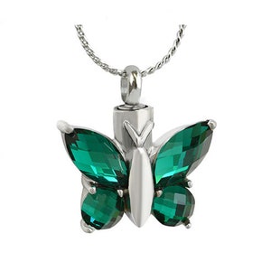 Butterfly Green Crystal Pendant Ash Urn Love Charms™ Option Stainless Steel Free Birthstone & Chain 100% Lifetime Guarantee image 2