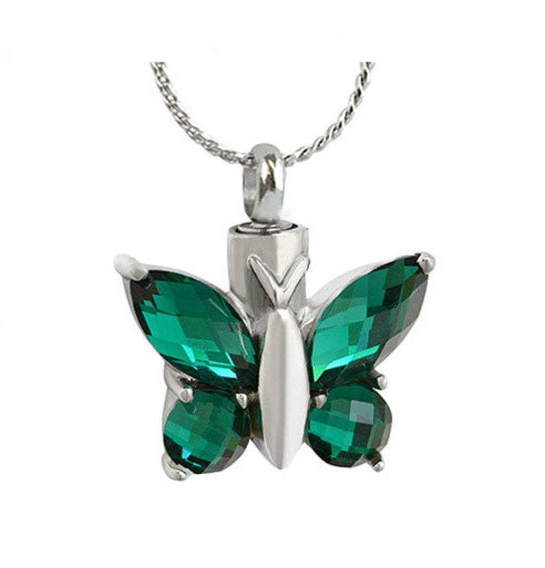 Butterfly Green Crystal Pendant Ash Urn Love Charms™ Option Stainless Steel Free Birthstone & Chain 100% Lifetime Guarantee image 2
