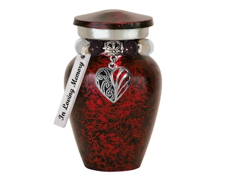 Swirled Heart Keepsake Urn with Love Charms, Custom Engraved Mini Urn