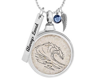 Collar de urna de cenizas con forma de ola de mar: recuerdo de acero inoxidable con dije de piedra de nacimiento