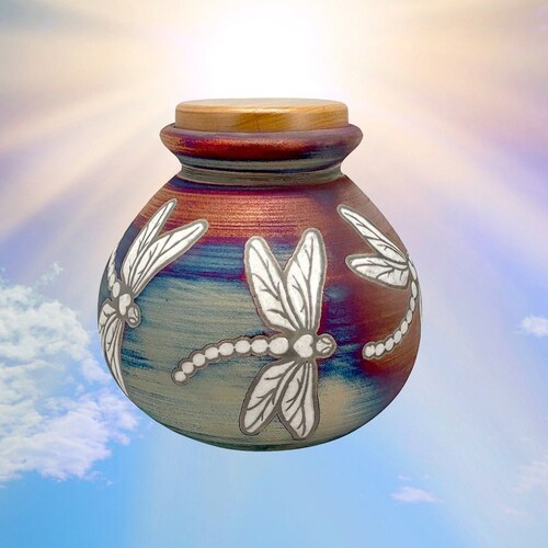 Dragonfly Raku Cremation Urn, Southwestern Pottery, Alder Wood Closure, Adult or Medium