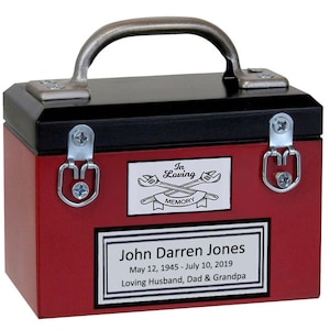 Toolbox Red Keepsake Urn -FREE ENGRAVING -  Handcrafted in USA with Personalization - Secure Bottom-Loading Wood Closure