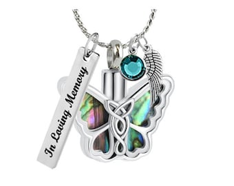 Opal Light Butterfly Ash Urn - Love Charms® Option - Personalized Ash Keepsake - Free Birthstone & Chain - Fast Shipping