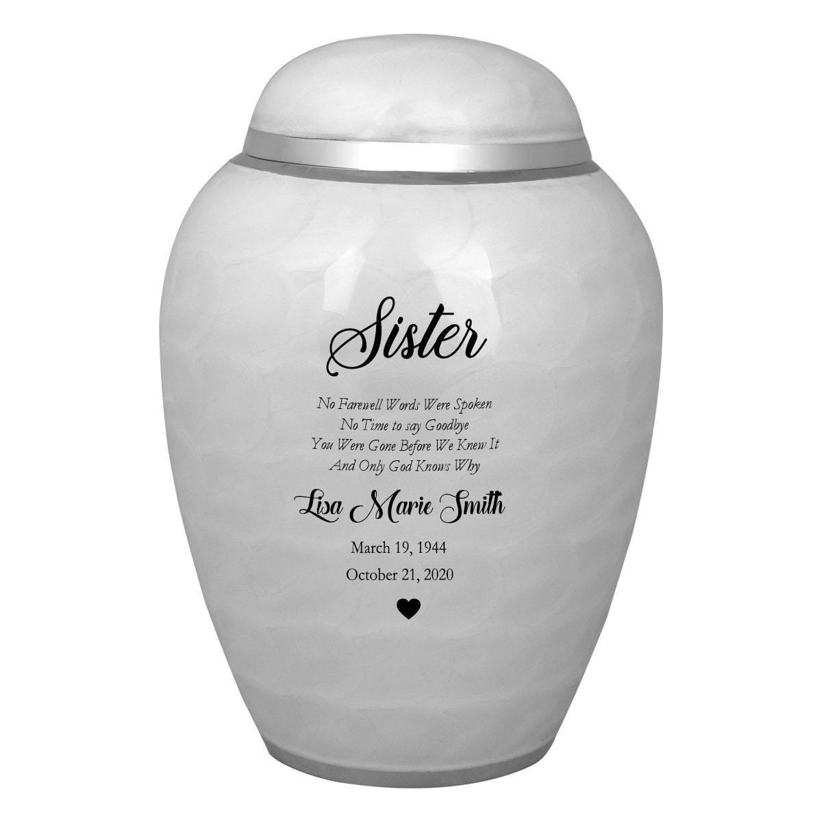 Engraved Pewter Cremation Urn: White Swirl, Child/half Adult Size