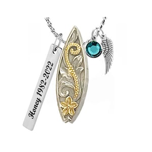 Surf Board Cremation Ash Urn - Love Charms® Engraving Option - FREE Birthstone & Chain - Personalized Jewelry - Lifetime Guarantee