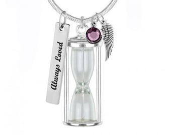Sterling Silver Hourglass Urn Necklace: Ashes Keepsake, Birthstone Charm