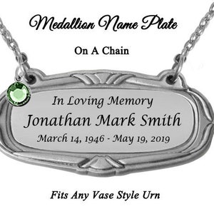 Pewter Medallion Urn Engraved Hanging Name Plate - Birth Passing Stone Option - Hanging Name Plate