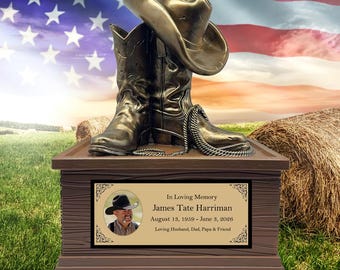 Cowboy Boots Hat & Rope Adult Cremation Urn - Free Engraved Plate - Photo Option