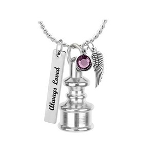 May include: Silver necklace with a small urn pendant, a purple crystal charm, and a wing charm. The pendant has a tag that reads "Always Loved".