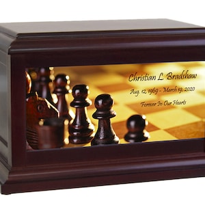 Chess Game Cremation Urn - Personalize with Image & Engraving - Birch Wood - Adult Size Urn - Fast Shipping - Lifetime Guarantee