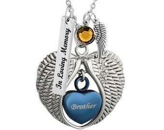 Brother Angel Wings Of Protection Necklace Urn - Love Charms™ Option - Personalized Ash Keepsake - Free Birthstone & Chain - Fast Shipping