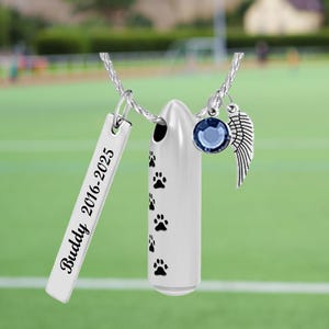 Paw Print Bullet Jewelry Urn - Love Charms® Option - Personalized Ash Keepsake - Free Birthstone & Chain - Fast Shipping