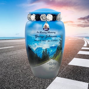 Riding Free Cremation Adult Urn - Tribute Wreath™ and Photo Option - Custom Engraving - Motorcycle Urn - Lifetime Warranty