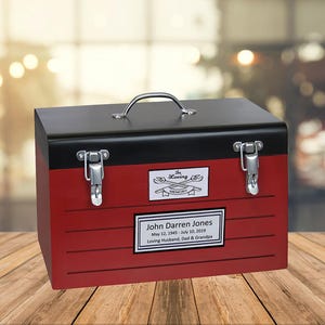Red Toolbox Cremation Urn for Adults: Crossed Tools, Free Name Plate