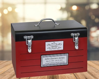 Red Toolbox Cremation Urn for Adults: Crossed Tools, Free Name Plate