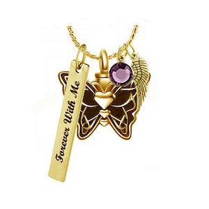 Butterfly Hearts Gold Cremation Jewelry Urn - Love Charms™ Option - Custom Engraving - Free Chain, Birthstone, Shipping - Lifetime Guarantee