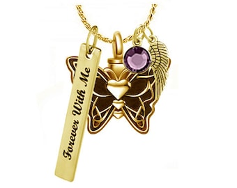 Butterfly Hearts Gold Cremation Jewelry Urn - Love Charms™ Option - Custom Engraving - Free Chain, Birthstone, Shipping - Lifetime Guarantee